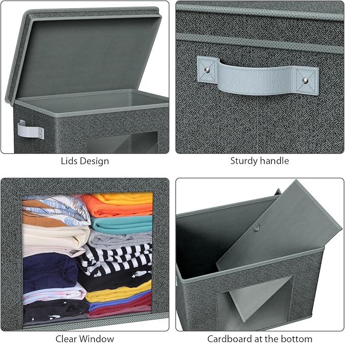Univivi Foldable Fabric Storage Boxes Large Storage Bins with Lids [4-Pack] Collapsible Storage Cubes Organizer Containers Organization Baskets for Home Bedroom Closet (Black 17”x 12” x 12”)