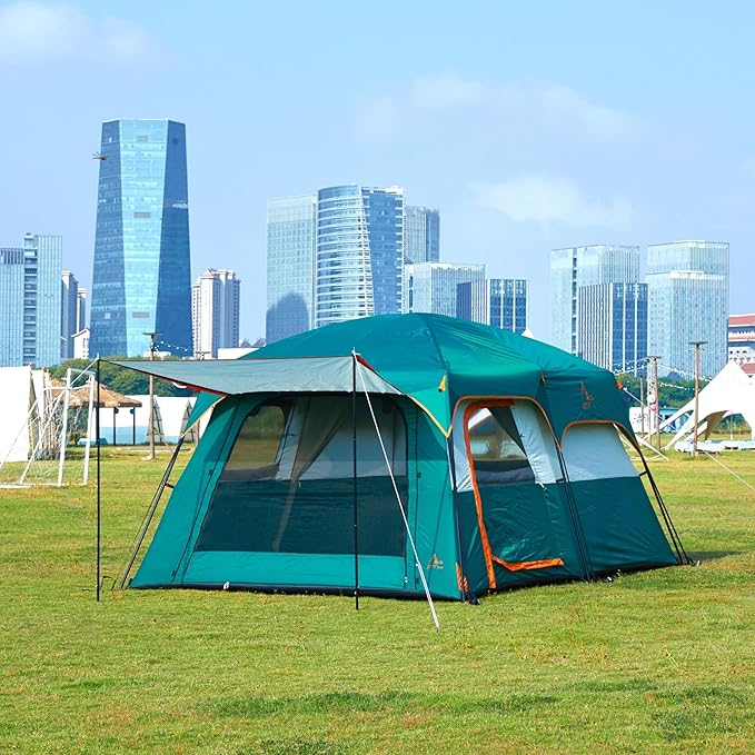 KTT Extra Large Tent 6-10-12-14 Person(A)Family Cabin Tents2 Rooms3 Doors and 3 Windows with MeshStraight WallWaterproofDouble LayerBig Tent for OutdoorPicnicCampingFamily Gathering