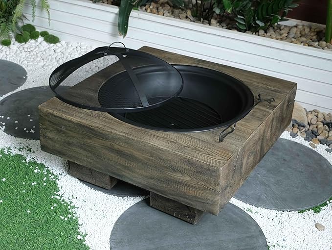 Outdoor Wood Burning Fire Pit with Wood Grain Design Magnesium Oxide Antique Dark Grey 27.4” x 24.4” x 18” for Garden and Patio