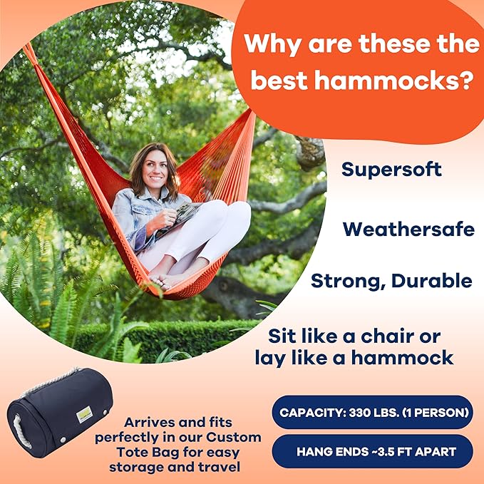 Handwoven Hanging Chair by Yellow Leaf Hammocks - Fits 1 Person 330lb Max - Kick Back for Full-Body Recline - Weathersafe Ultra Soft Hang Anywhere - Color: Red- Orange