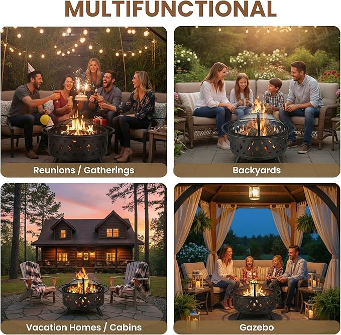 Fire Pit - 32-Inch Outdoor Wood Burning Firepit with Screen Poker and Cover - Outdoor Fire Pits for Backyard Deck or Patio by Pure Garden (Black)