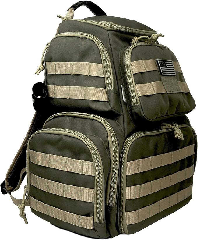 K-Cliffs Tactical Range Backpack – Lockable Bag for 5 Handguns Pouches – 900D Water‑Resistant with Rain Cover &amp USA Patch