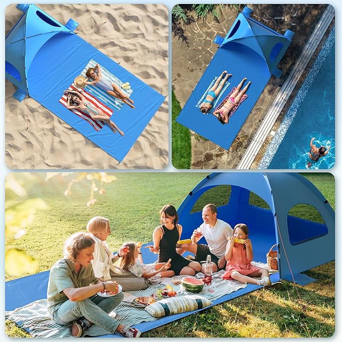 Beach Tent Sun Shelter with Extended Sand Mat 114×82inchUPF 50+ Protection 3 Double-Layer Windows for Enhanced Privacy Portable Beach Shade 3-4 People. Windproof and Waterproof