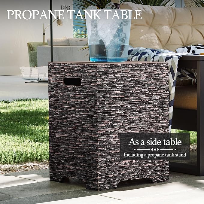 UPHA 42-inch Outdoor Propane Gas Fire Pit Table 50000 BTU Concrete Round FirePit for Outside Patio with Propane Tank Cover Wind Guard Blue Glass Rocks Rain Cover Reddish Brown
