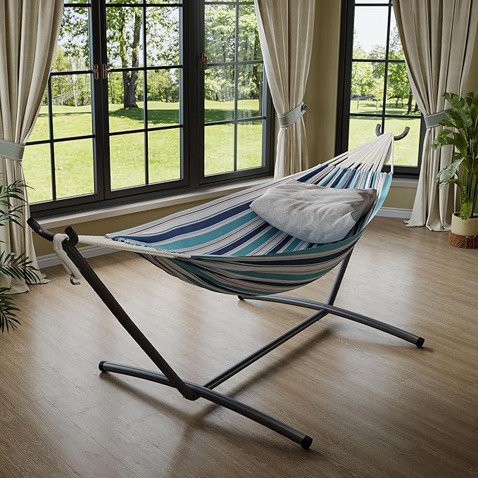 GarveeLife Double 2 Person Hammock Indoor Outdoor Standing Hammock with Space Saving Steel Stand Carry Bag 450 LBS Weight Capacity Suitable for Garden Camping Beach Ocean