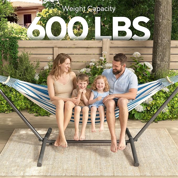 600lbs Hammock with Stand for Outside 2 Person Portable Hammock with Side Storage Carrying Bag Expend Wooden Bar for Outdoor or Indoor (Blue White)