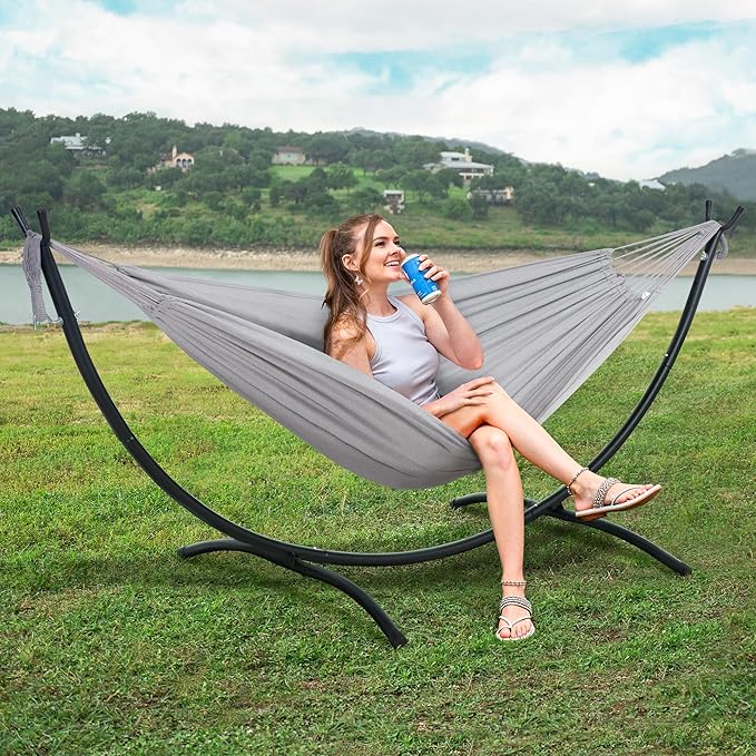 SUNCREAT Stand Alone Hammocks for Outside 2 Person Self Standing Hammock Light Gray