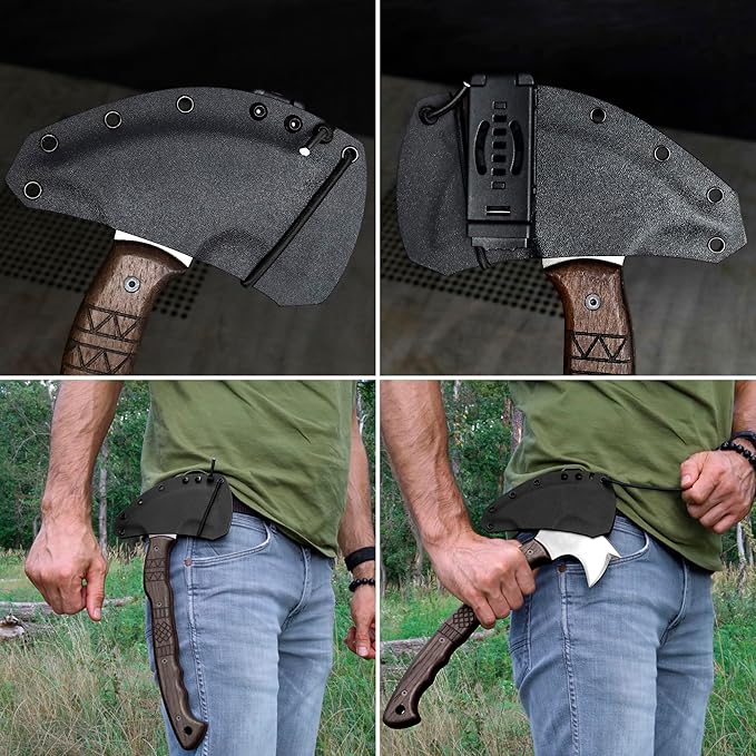 AncientSmithy Tomahawk Axe - Handmade Tactical Tomahawk Hatchet - Full Tang Combat Axe for Military Camping and Outdoor Activities (Three Spikes Oak Handle Kydex Sheath)