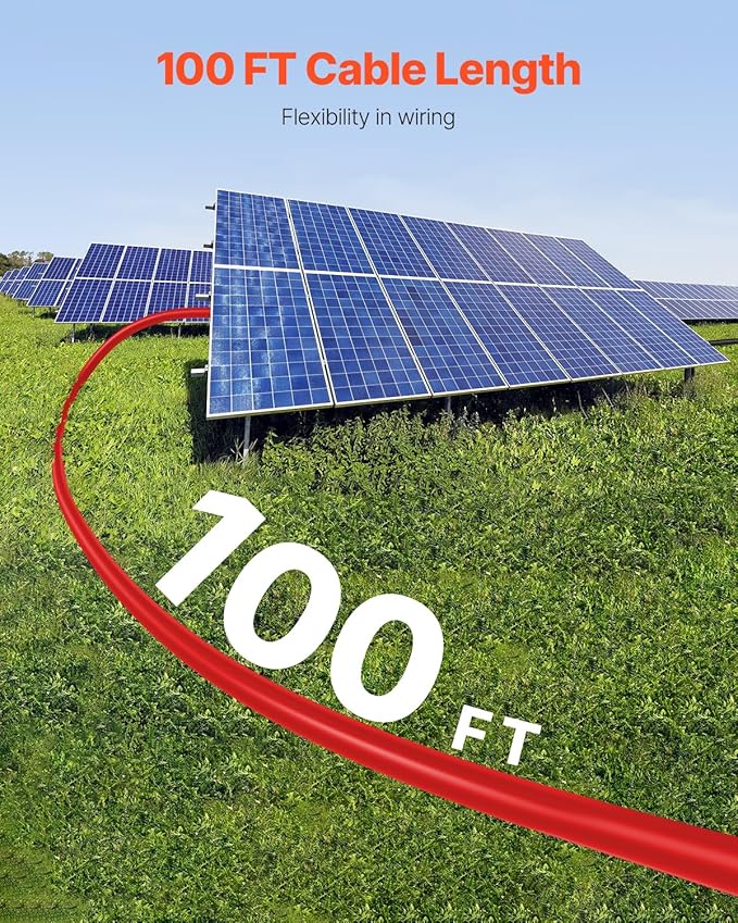 VEVOR 100FT Solar Panel Wire 10AWG Tinned Copper PV Cable 6mm² IP67 Waterproof XLPE Insulation Outdoor Extension Cord for RV Boat Home Solar Red
