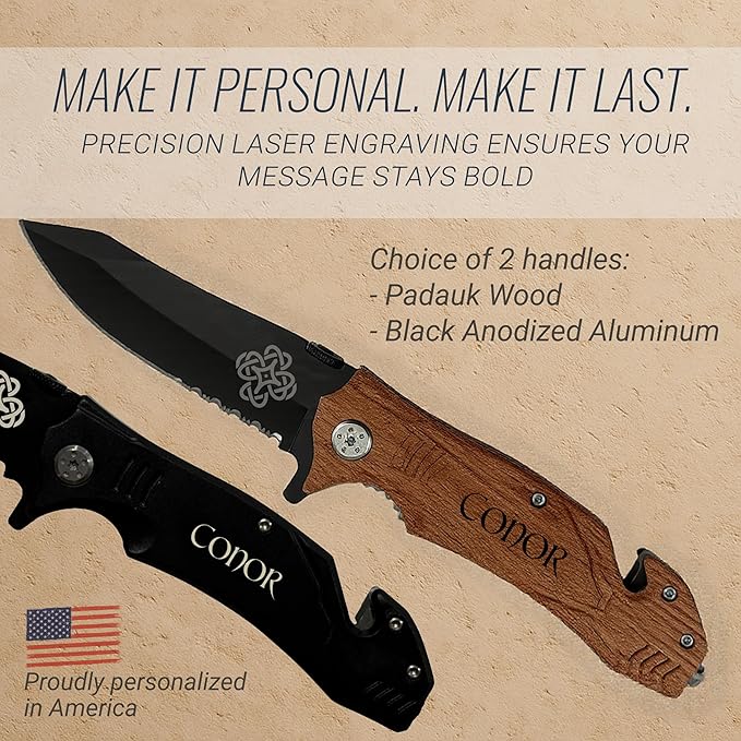 Personalized Pocket Knife for Men with Clip | Laser Engraved Celtic Design Folding Utility Tactical Switchblade for Camping Hunting Rescue | Custom Birthday Gift for Dad Husband Groomsmen Gifts