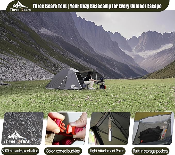 ThreeBears 4-Person Backpacking Tent Shelter 3000mm Waterproof Easy Setup Spacious for Family Outdoor Adventures Hiking and Camping Trips