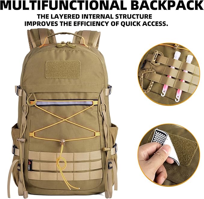 25L Outdoor Tactical Backpack Men's Assault Pack Backpack laptop backpack Waterproof Travel Backpack (Khaki)