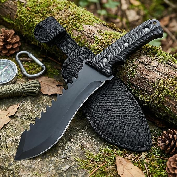 11.4 Fixed Blade Outdoor Knife with 9CR13MOV Stainless Steel - Rugged Utility Knife with Sawtooth Spine &amp V-Shaped Edge - Non-Slip ABS Handle with Lanyard Hole - Durable Nylon Sheath for Camping