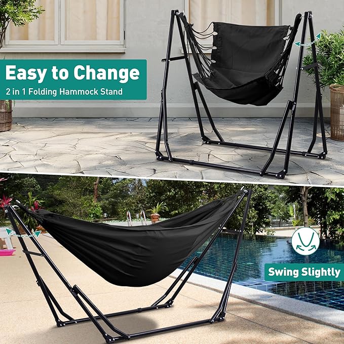 Ainfox Hammock with Foldable Stand 2 in 1 Hammock and Swinging Chair with Carrying Bag Portable Camping Chair Suitable for Outside SwingPatioGardenCamping Trip Black