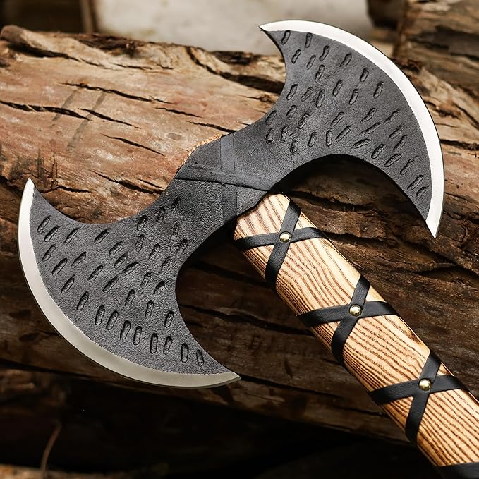SHINY CRAFTS® Handcrafted Viking Axe – Engraved Nordic Blade with Wooden Handle Norse Bearded Hatchet for Men Unique Gift for Him Collectors Cosplay Camping Medieval Wall Decor (Black-VBA-22-A)