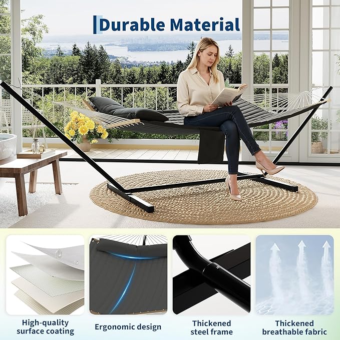 2 Person Outdoor Hammock with Stand 450LBS Capacity Heavy Duty Hammock with Carrying Bag &amp Soft Pillow Portable Indoor Outdoor Hammock Perfect for Backyard Patio Beach
