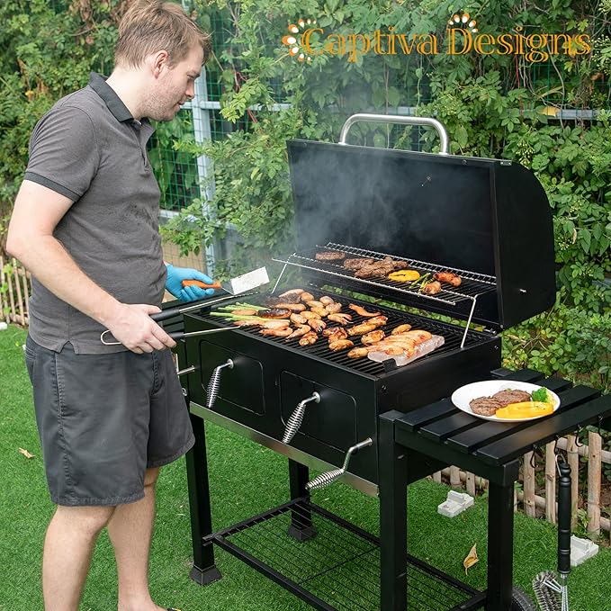 Captiva Designs Extra Large Charcoal BBQ Grill with Oversize Cooking Area(794 SQIN) Outdoor Cooking Grill with 2 Individual Lifting Charcoal Trays and 2 Foldable Side Tables