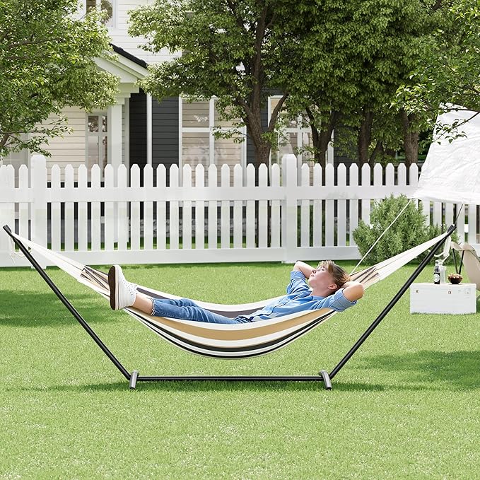 Double Cotton Hammock with Steel Stand for Outside Brazilian Style 450lbs Capacity Portable Indoor Outdoor Lounger with Carry Bag 2-Person Capacity Ideal for Backyard Garden Camping Brown