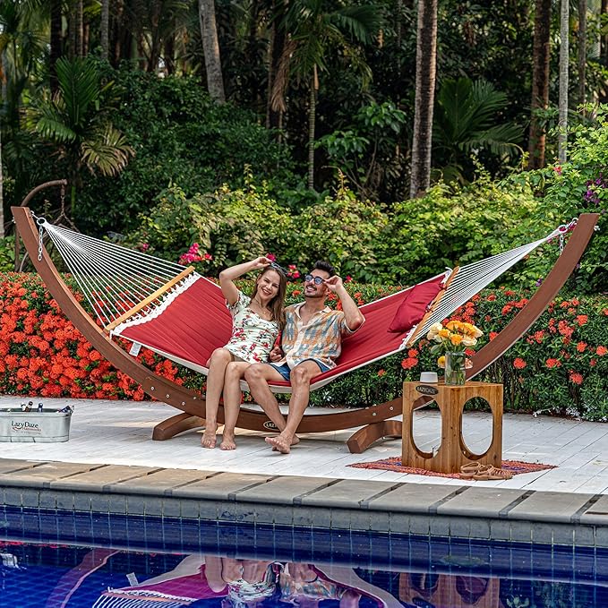 Lazy Daze Hammocks 12 FT Double Quilted Fabric Hammock with Spreader Bar and Detachable Pillow 2 Person Hammock 450lbs Weight Capacity Burgundy