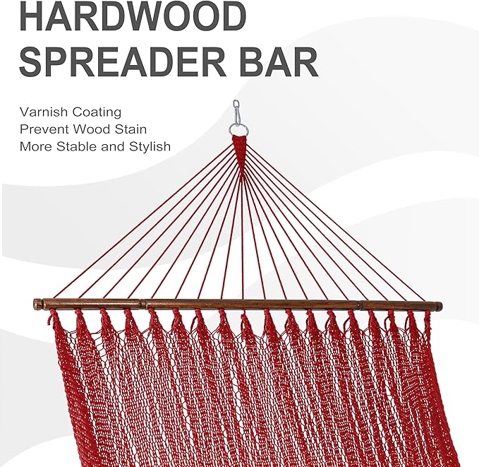 Lazy Daze Hammocks 10.5 FT Double 2 Person Caribbean Rope Hammock Hand Woven Polyester Hammock with Spreader Bars for Outside Outdoor Backyard Patio Poolside 450 LBS Capacity Red