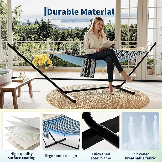GarveeLife Outdoor Double Hammock with Heavy Duty Adjustable Steel Stand Portable 2 Person Hammock for Patio Garden Beach Backyard