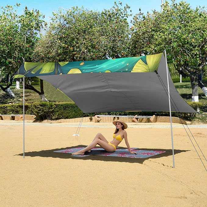 Fish Beach Canopy Sun Shelter with Sandbags &amp Sand Shovel &amp Windproof Ropes - Portable 110x126 Beach Shade Beach Tent for Camping Picnics