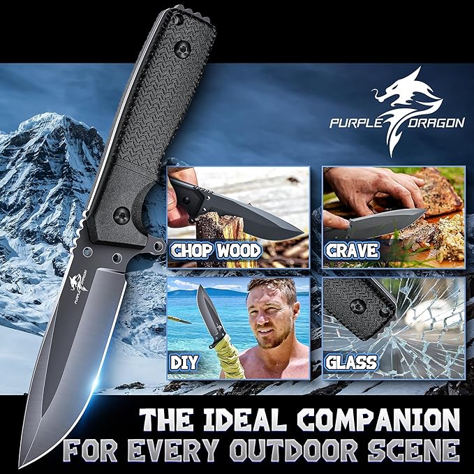 Purple Dragon Fixed Blade Knife with Kydex Sheath Black Outdoor Knives for Camping with Ergonomic Handle Durable Kydex Sheath Gifts for Men