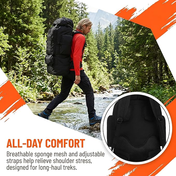 Goaste 100L Camping Hiking Backpack Molle Military Tactical Rucksack Waterproof Large Travel Daypack Adjustable Survival Hunting Sports Bag for Men and Women Hiking Camping Touring(Black)