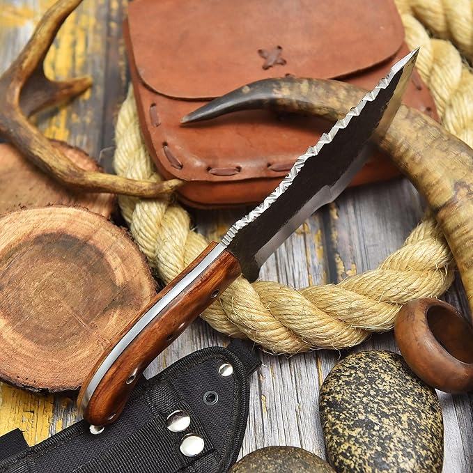 Handmade Hunting Knife with Wooden Handle &amp Sheath | Forged High Carbon Steel Fixed Blade | Full Tang Survival Knife for Camping Outdoor Bushcraft Fishing Hiking &amp Gift for Men