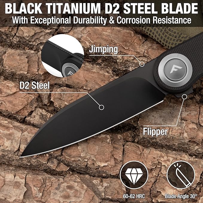 FLISSA Button Lock Folding Knife 3.1 D2 Steel Blade EDC Pocket Knife with G10 Handle Flipper Belt Clip Bearings for Outdoor Camping Hiking Fishing Hunting Gift for Men &amp Women (Grey)