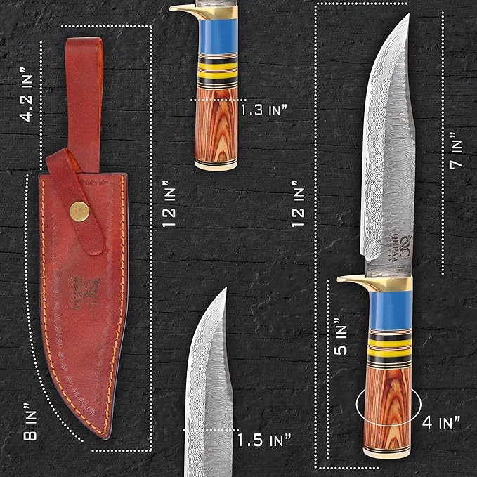 QEPAA CRAFTS® 12 Inch Handmade Steel Hunting Knife Hand Forged Damascus Steel Bowie KnifeFixed Blade Camping Knives for SkinningHuntingCampingHikingErgonomic Handle with holster-Gift for him