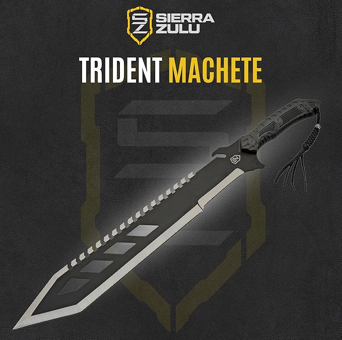 Sierra Zulu Trident Machete - Stainless Steel 24.0 inches Overall Modified Tanto Blade with Saw Tooth Back Edge - Tactical Nylon Sheath with Reversible Wear Strap