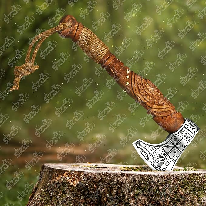 Custom Gift Forged Carbon Steel Viking Style Axe Bearded Axe with Rose Wood Shaft Tomahawk - Real Hatchet Best Gift for Christmas Anniversary Valentine's Day Birthday Premium Leather Sheath