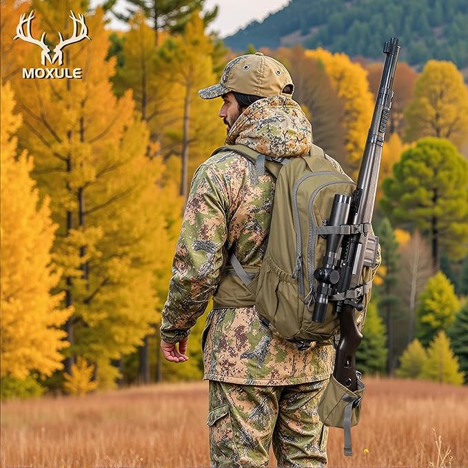 MOXULE Hunting Backpack Waterproof Pack: 25L Hunting Gear with Rain CoverHunting Day Pack with Rifle Bow Gun Holder (Green)