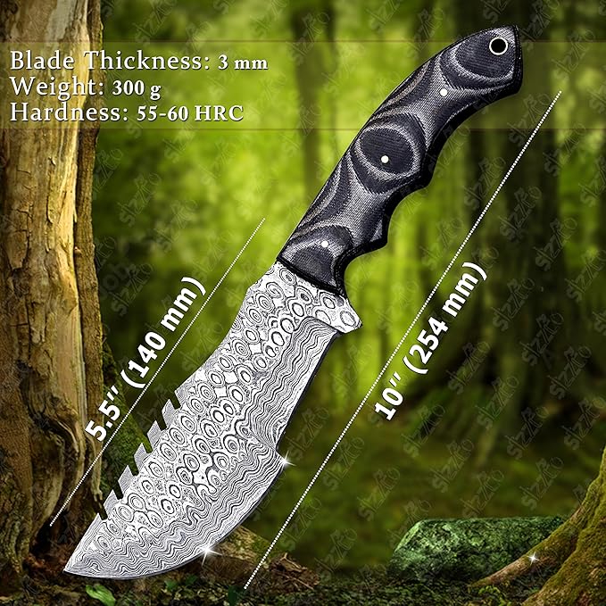 Handmade 10 Damascus Steel Tracker Knife with G10 Handle - Fixed Blade Hunting &amp Survival Knife - Horizontal Scout Carry Sheath - Bushcraft EDC for Camping &amp Outdoors