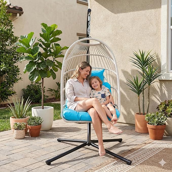 Foldable Hanging Egg Chair with Stand HDPE Rattan and Heavy Duty Aluminum-Steel Frame Outdoor Patio Wicker Swing Egg Chair with Headrest and Cushioned 350 Lbs Capacity (Blue)