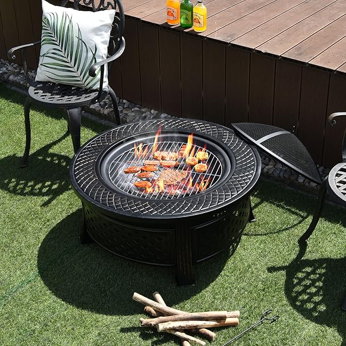 Giantex 3 in 1 Fire Pit 32 Outdoor Wood Burning Fire Pit Multifunctional Round Firepit Stove Metal Fire Bowl with Cover Portable Fire Pits for Outside Heating Bonfire Picnic Grill