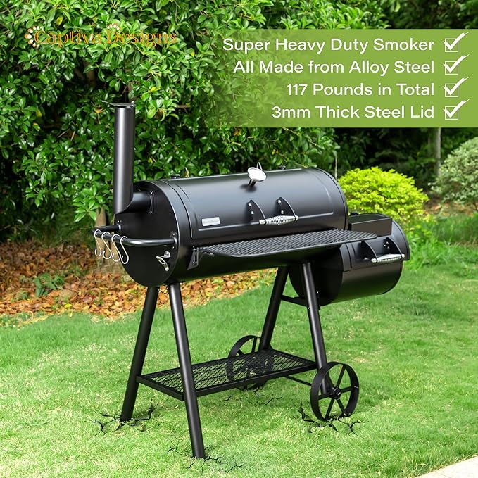 Captiva Designs Heavy Duty Outdoor SmokerExtra Large Cooking Area(941 sq.in. in Total) Offset Smoker Best Charcoal Smoker and Grill Combo for Outdoor Garden Patio and Backyard Cooking