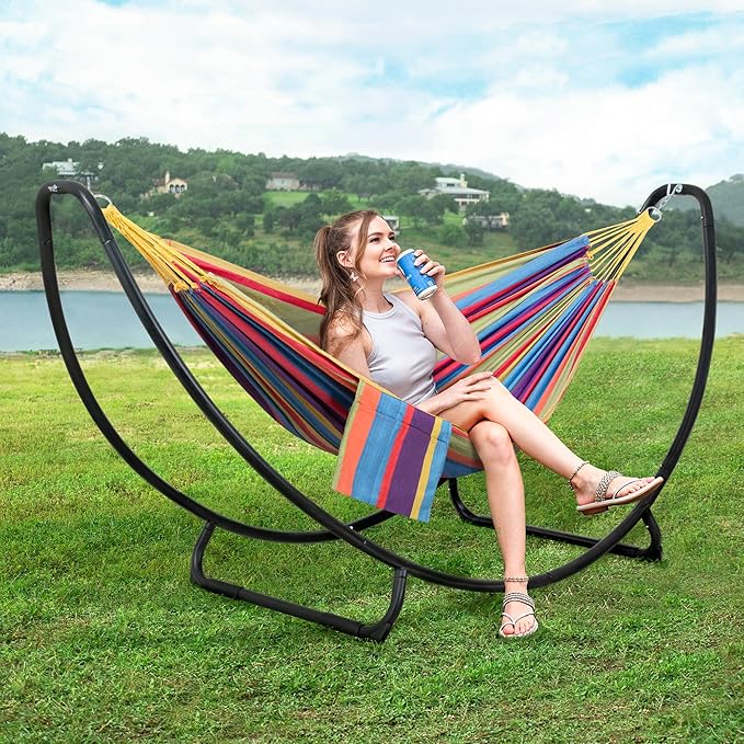 SUNCREAT Portable Space Saving Hammock with Stand Two Person Hammock with Stand Included Patent Pending Rainbow
