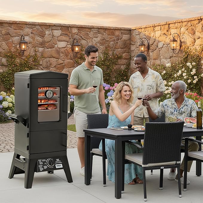 Large Vertical Propane Smoker with Cover &amp 4 Cooking Grates Large Cooking Space Heavy Duty &amp Weather-Resistant for OutdoorSmoke RibsBrisketChicken