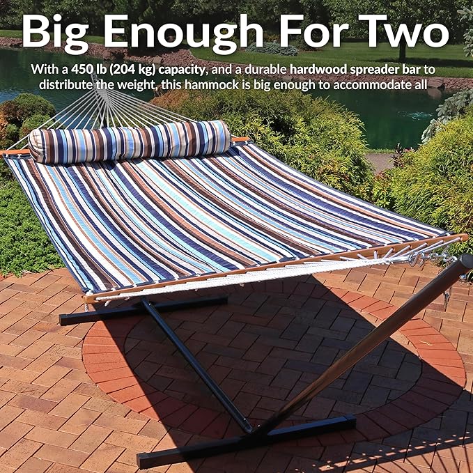 Sunnydaze Quilted Outdoor Hammock with Spreader Bars - Heavy-Duty 450-Pound Capacity Double Hammock for Outside - Ocean Isle