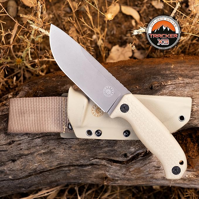 Off-Grid Knives - TRACKER-X3 Fixed Blade Knife Cryo D2 Blade Steel G10 Scales Kydex Sheath OG Lo-Pro Belt Attachment Camping Bushcraft Hunting Survival (Coyote)