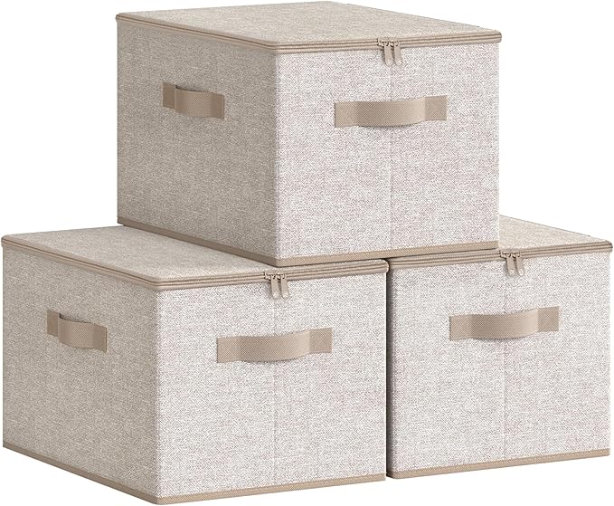 SONGMICS Foldable Storage Organizer Boxes Set of 3 Storage Basket Bins with Lids Handles Clothes Organizer 15.7 x 11.8 x 9.8 Inches Non-Woven Fabric Summer Sand URZB003K01