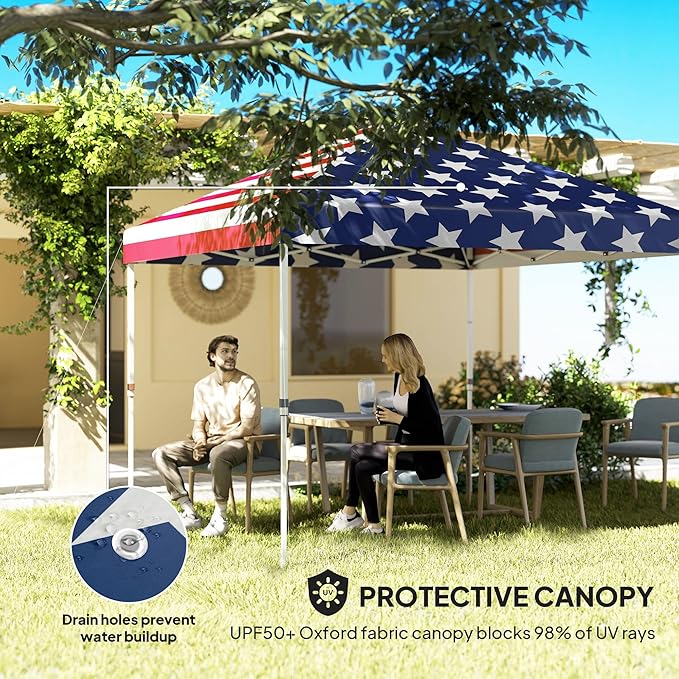 10x10 Pop Up Canopy Tent with Strong Aluminum Pole Perimeter Sidewalls Compartment Pockets Height Adjustable American Flag Pattern Embellishment