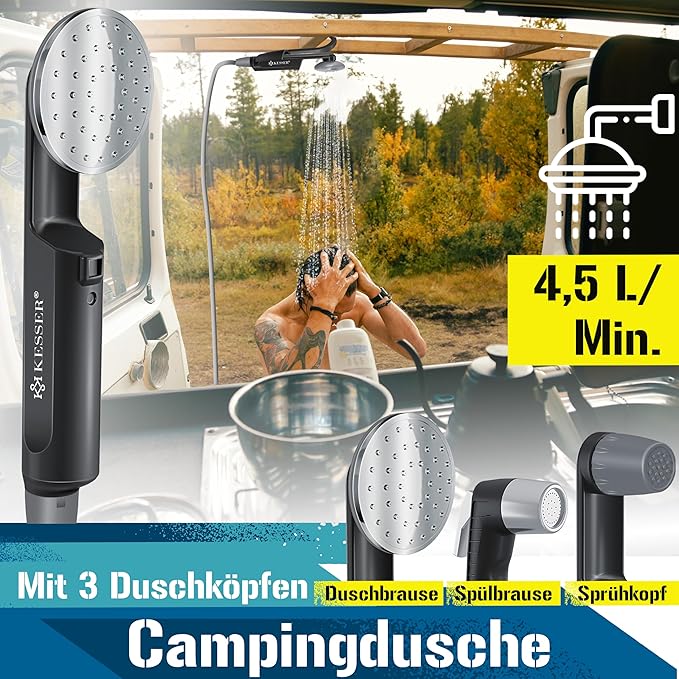 KESSER Camping Shower with Battery | Submersible Pump | Shower Head | 2 x 2200 mAh Lithium Batteries USB Charging Cable for Camping Garden Car