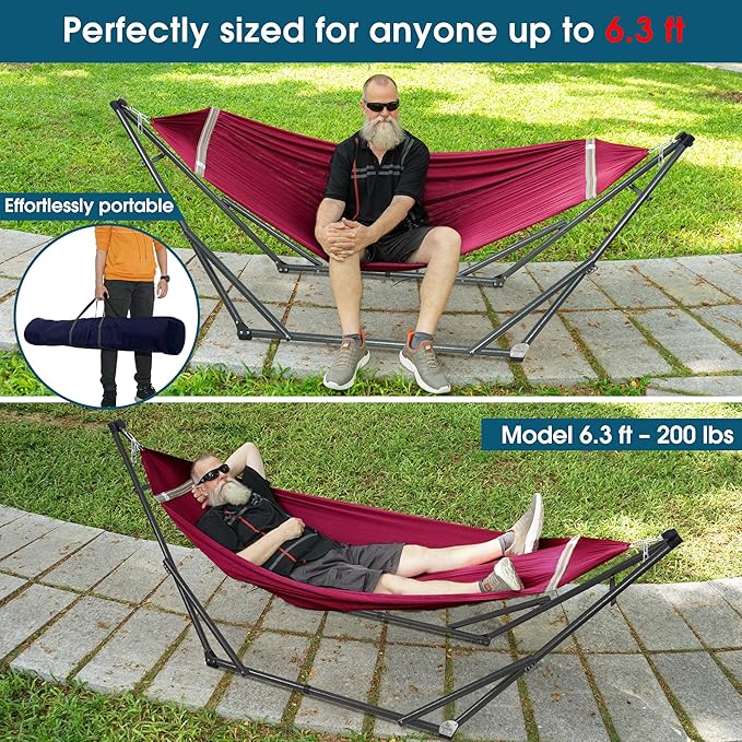 Tranquillo Adjustable Hammock Stand Collapsible Camping Hammock with Stand 600 lbs Capacity Hammock Stand for 2 Persons Foldable Sturdy Noiseless Stand for Active Life Carry Bag Included Red