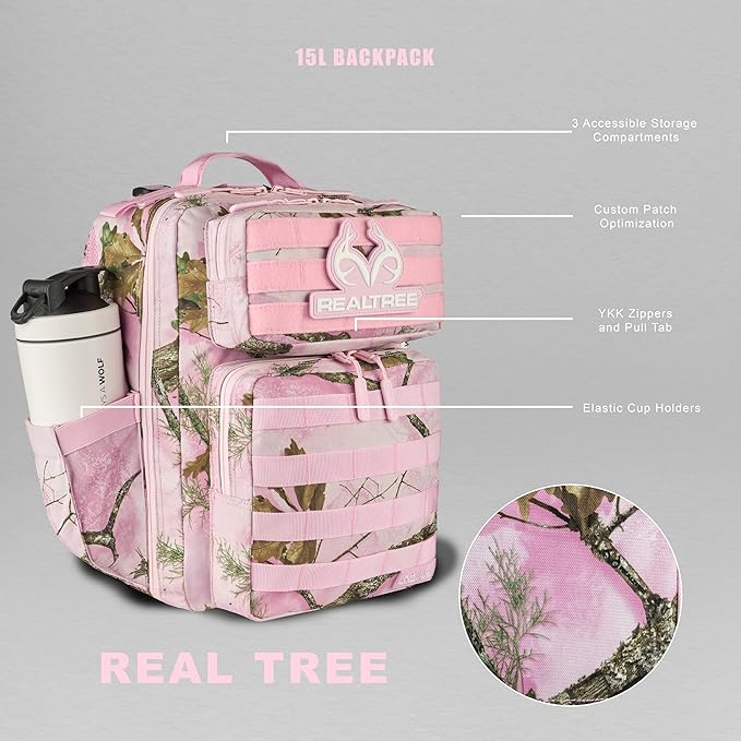WOLFpak 15L Slim Tactical Gym Backpack (Realtree APX Flushing Pink) Durable 1000D Waterproof Oxford Material | Minimalist Daypack w/Laptop Pocket &amp Dual Cup Holders |