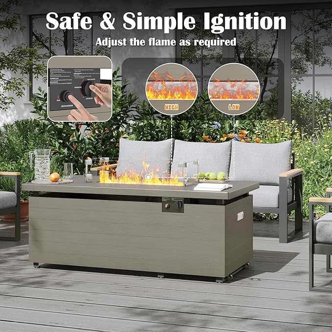 Sundale Outdoor 51 Inch Outdoor Fire Pit Table 50000BTU Rectangle Propane Fire Pit with Sliding Tank Holder Glass Wind Guard Dust Cover Removable Lid CSA Certified Olive Green