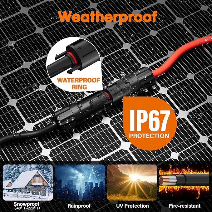 HiFind 12AWG Solar Extension Cable 75 Ft Solar Pannel Cable Tinned Copper Wire with Extra Female and Male Waterproof Connector Pair Ties for Home RV Photovoltaic Systems (75FT Red+75FT Black)