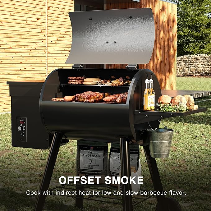 Wood Pellet Grill 440 SQ. IN Cook Area Pellet Smoker Grill 12LBS Hopper Pellets Grill 500℉ Max Temperature&ampAuto Feed 8 in 1 BBQ Grill Outdoor with Side Table Grease Bucket
